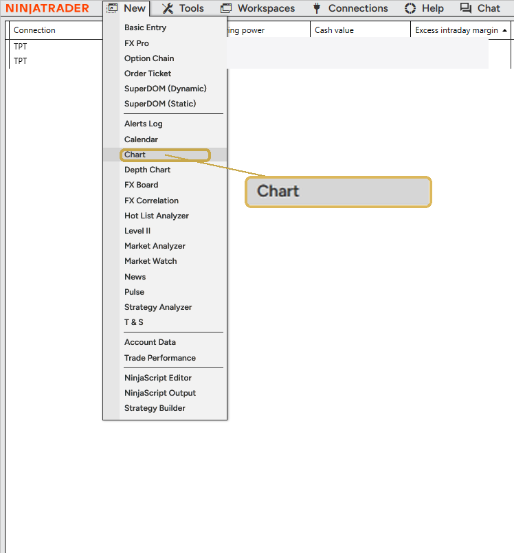 NinjaTrader New menu, Chart