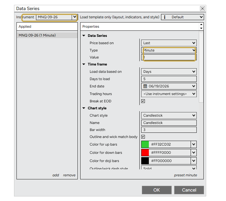 NinjaTrader Data Series, instrument and timeframe
