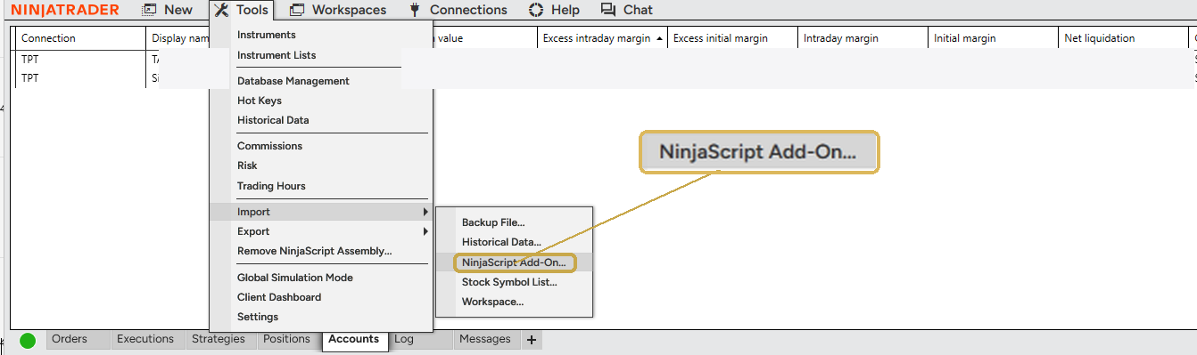 NinjaTrader Tools menu, Import, NinjaScript Add-On