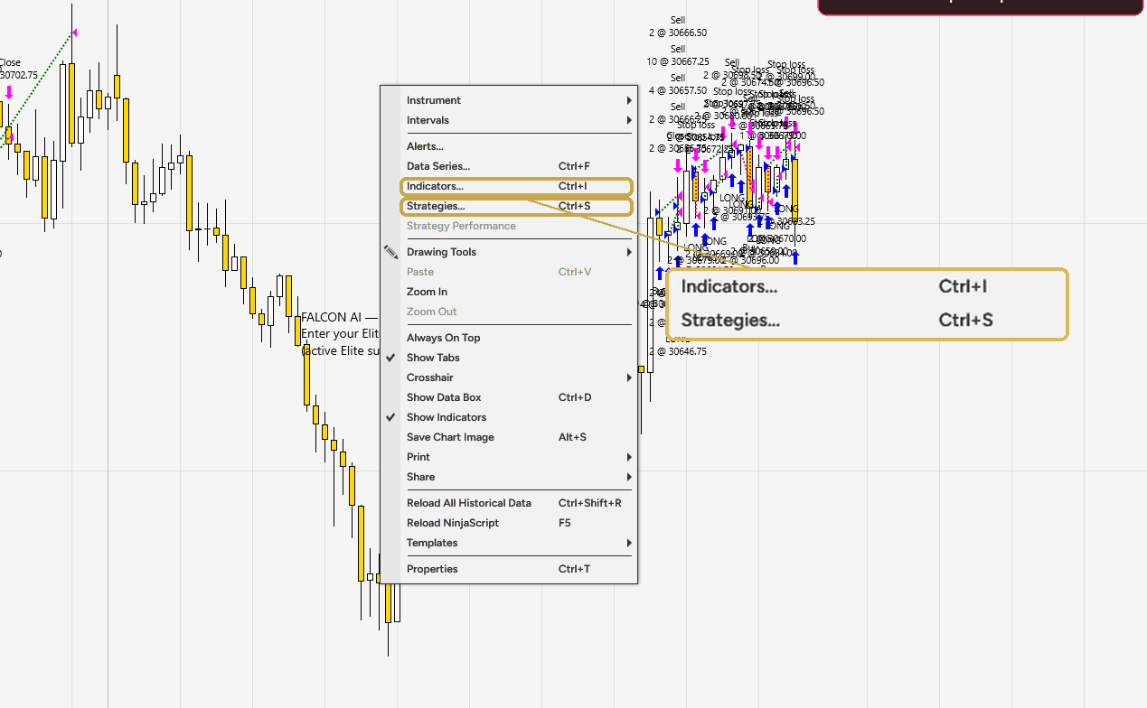 Right-click chart menu, Indicators and Strategies