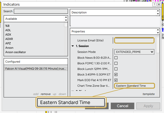 Falcon AI Visual settings, License Email and Chart Time Zone