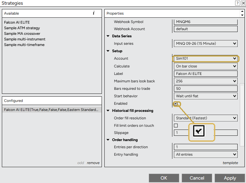 Strategy properties, Account Sim101 and Enabled checked