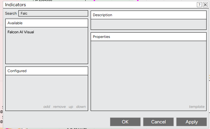 NinjaTrader Indicators window — type falcon in the Search box to find Falcon AI Visual