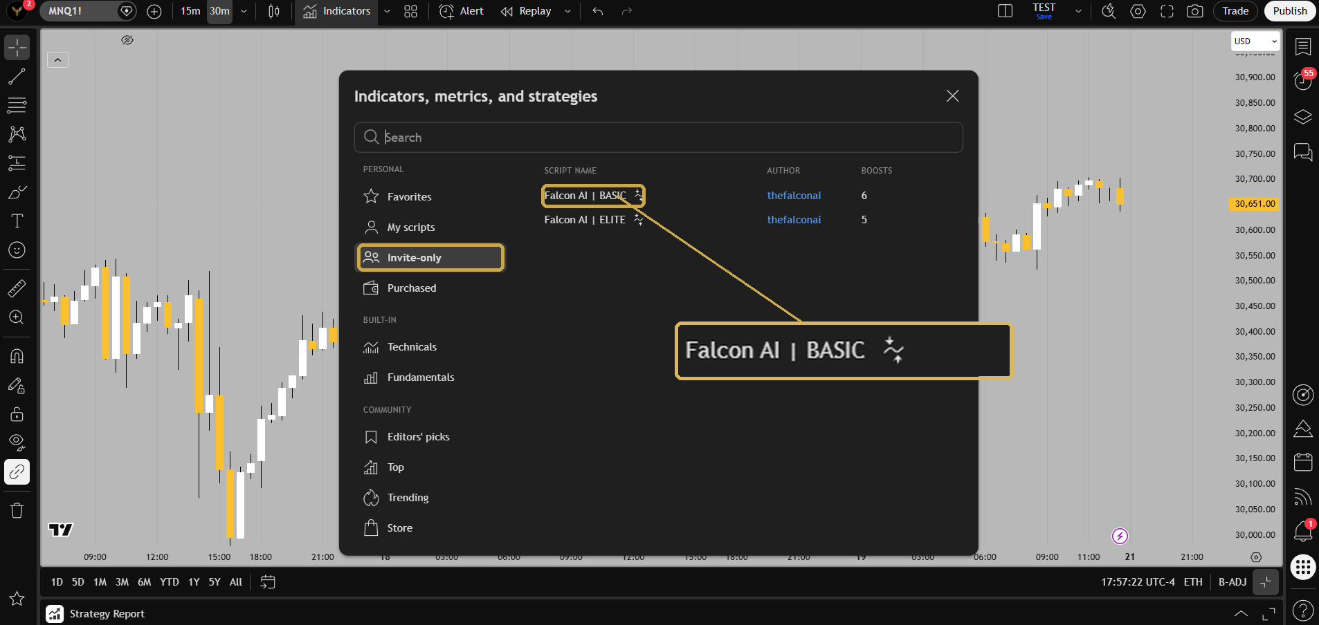 Indicators dialog, Invite-only scripts, Falcon AI BASIC
