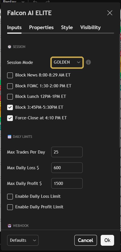 Falcon indicator settings, Session Mode dropdown highlighted