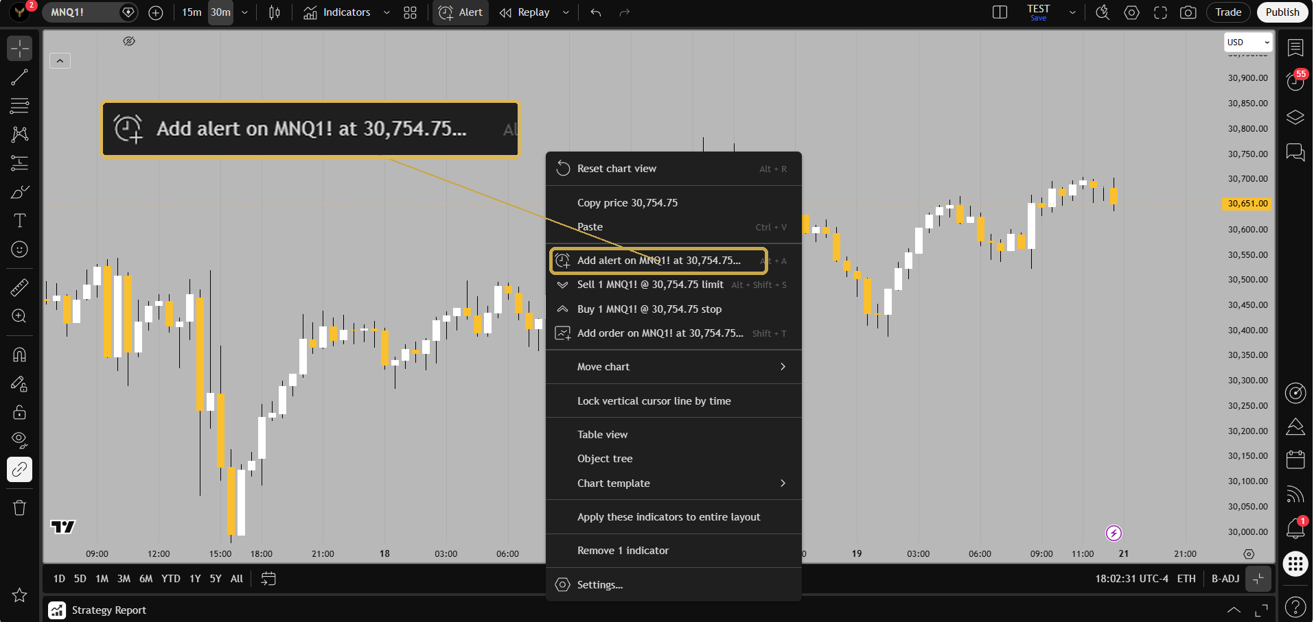 Chart right-click menu, Add alert highlighted