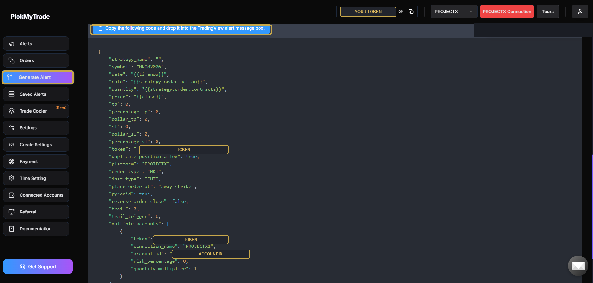 PickMyTrade Generate Alert JSON code, sensitive values blurred