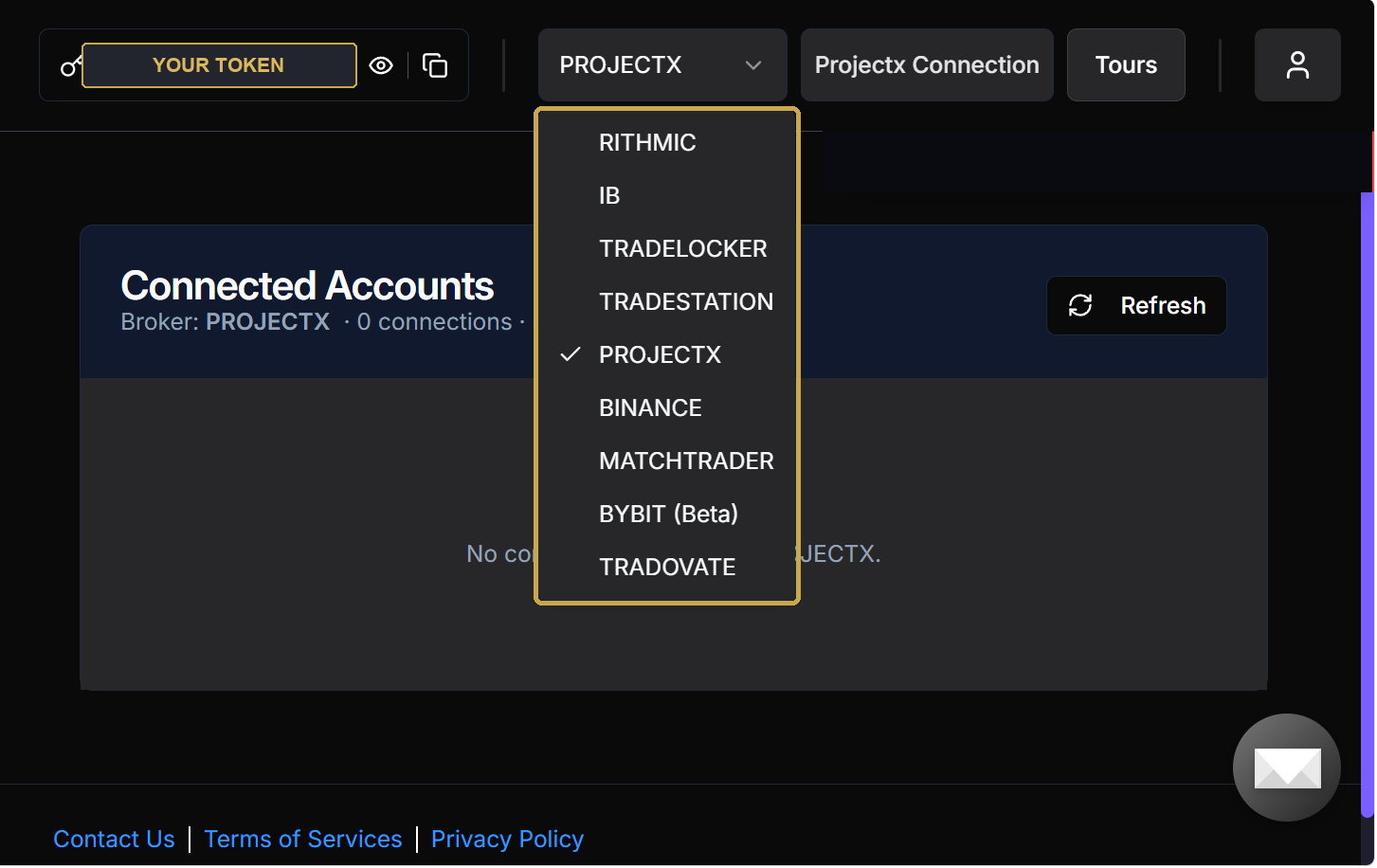 PickMyTrade connected accounts, platform dropdown highlighted