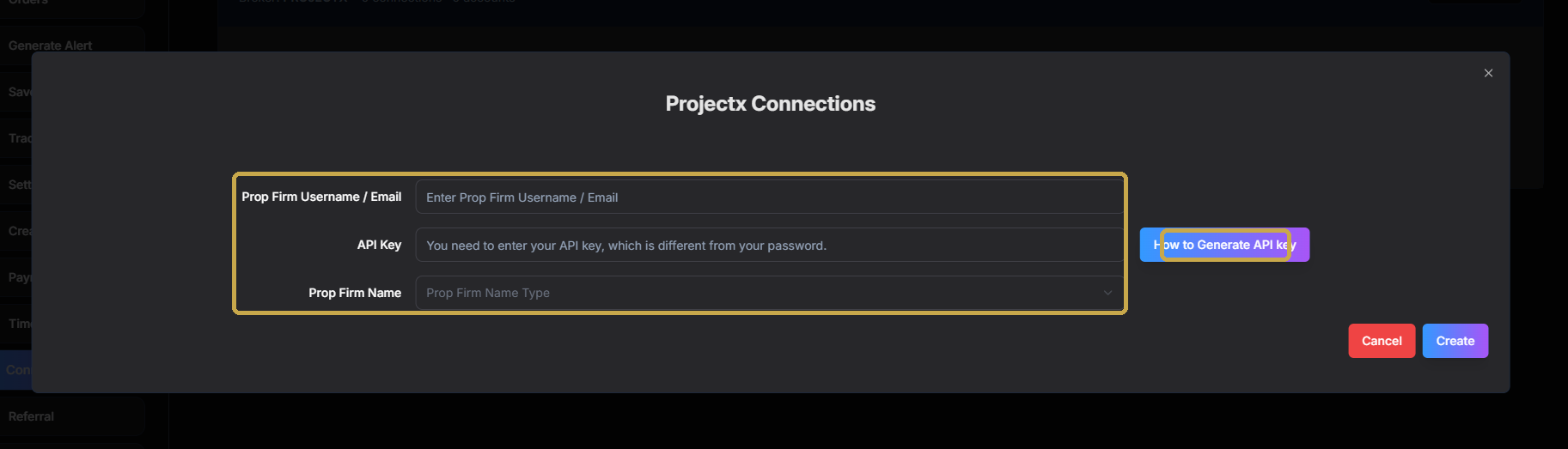 PickMyTrade ProjectX connection form